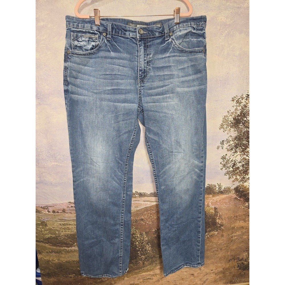 BKE Men's Tyler Straight Leg Jeans 38x32, Medium Wash, Distressed, Thick Stitch